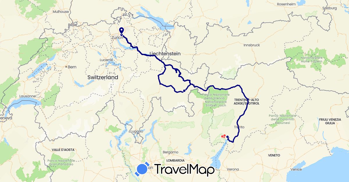 TravelMap itinerary: driving, hiking in Switzerland, Italy (Europe)